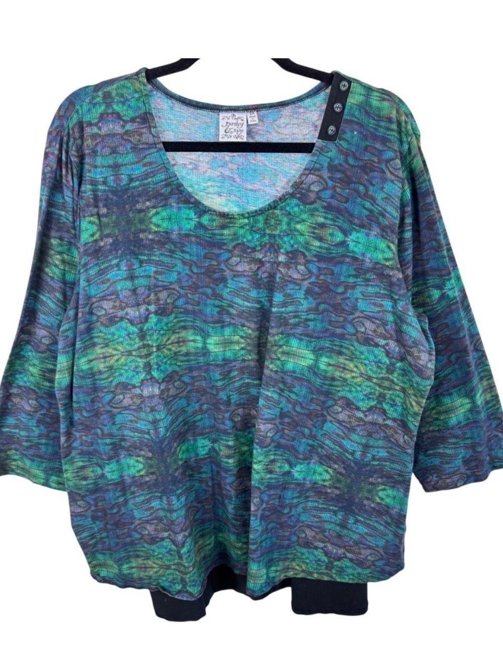 Parsley & Sage Women 2X Abstract Print 3/4 Sleeve Knit Top Shoulder Buttons Blue